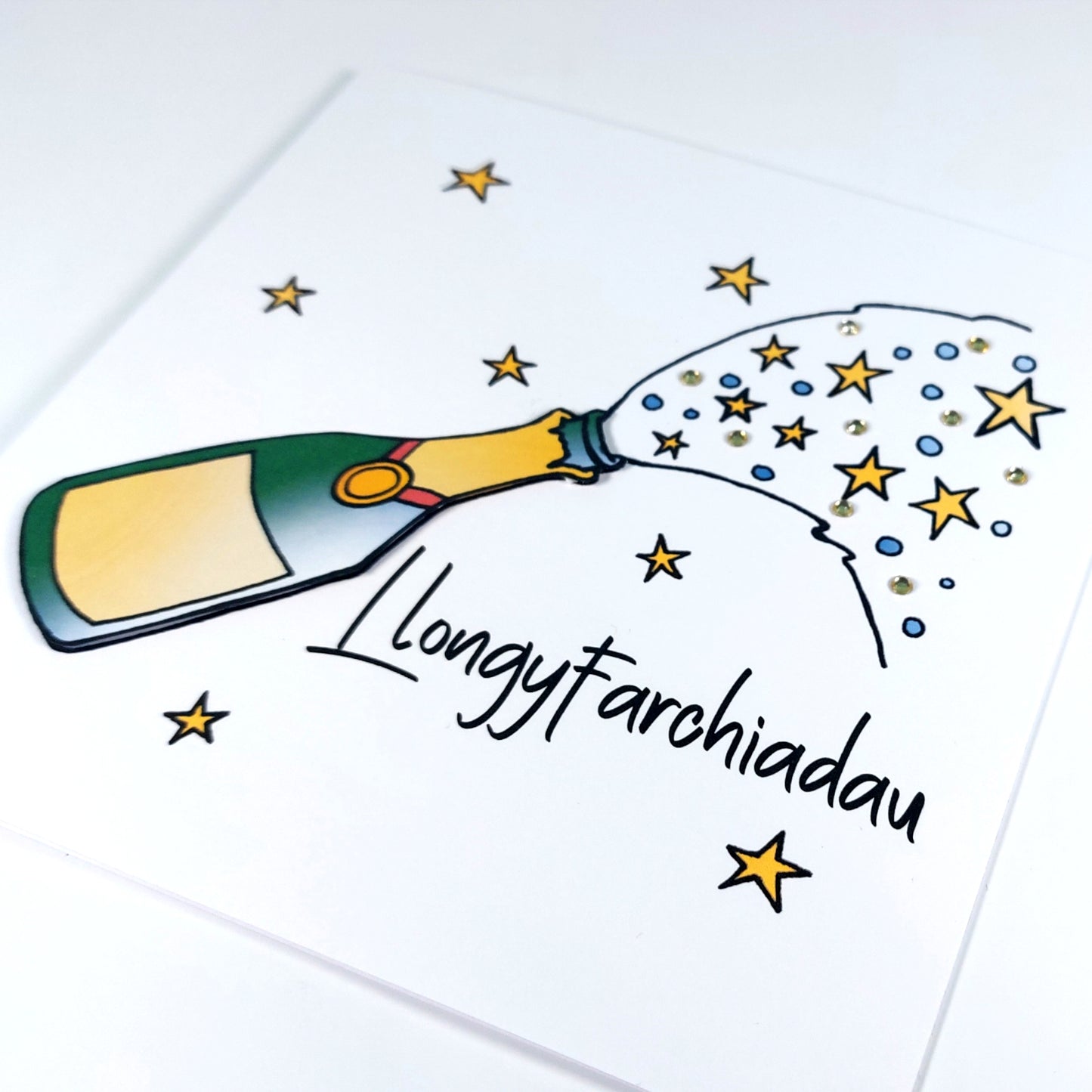 Champaign bottle Llongyfarchiadau (Congratulations) Welsh Card