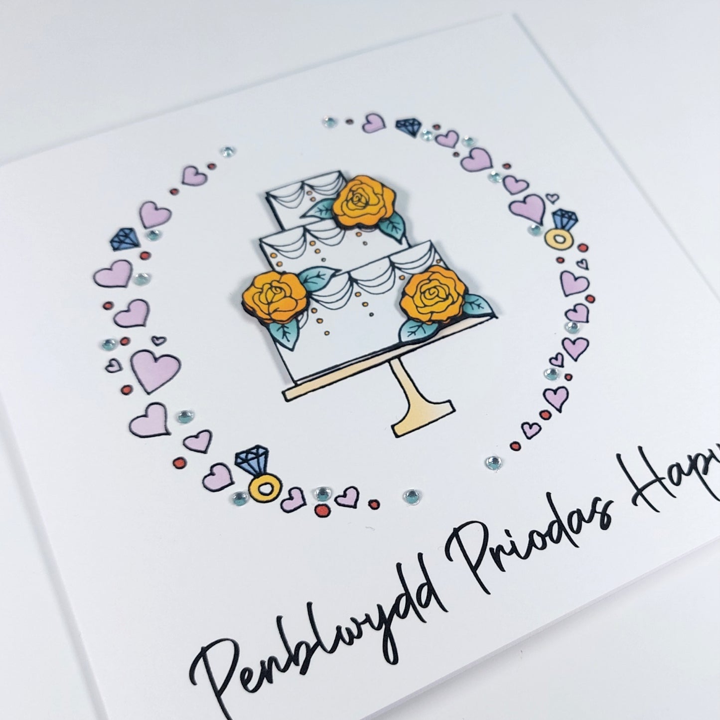 Penblwydd Priodas Hapus Card (Anniversary) Cake Yellow Roses - Welsh Card