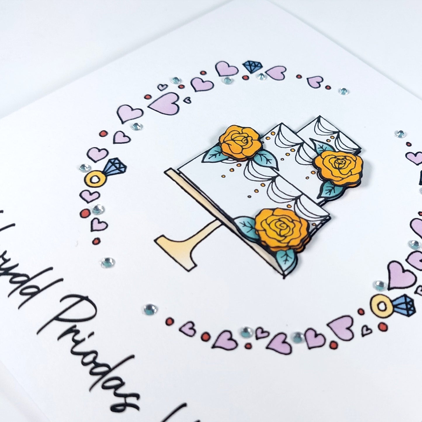 Penblwydd Priodas Hapus Card (Anniversary) Cake Yellow Roses - Welsh Card