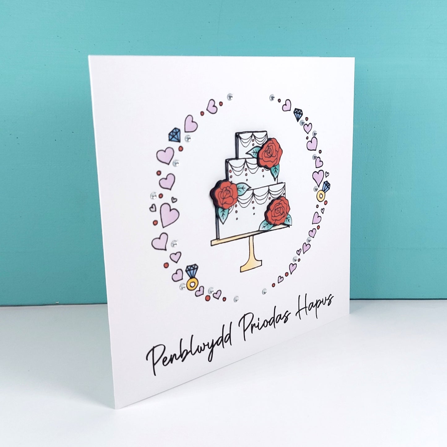 Penblwydd Priodas Hapus Card (Anniversary) Cake Red Roses - Welsh Card