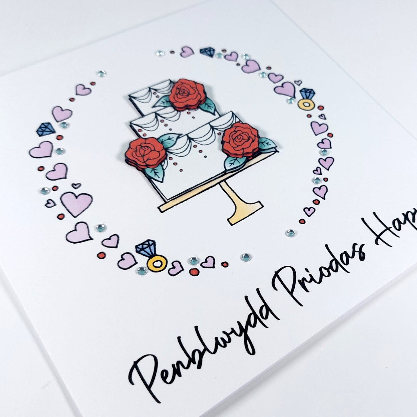 Penblwydd Priodas Hapus Card (Anniversary) Cake Red Roses - Welsh Card