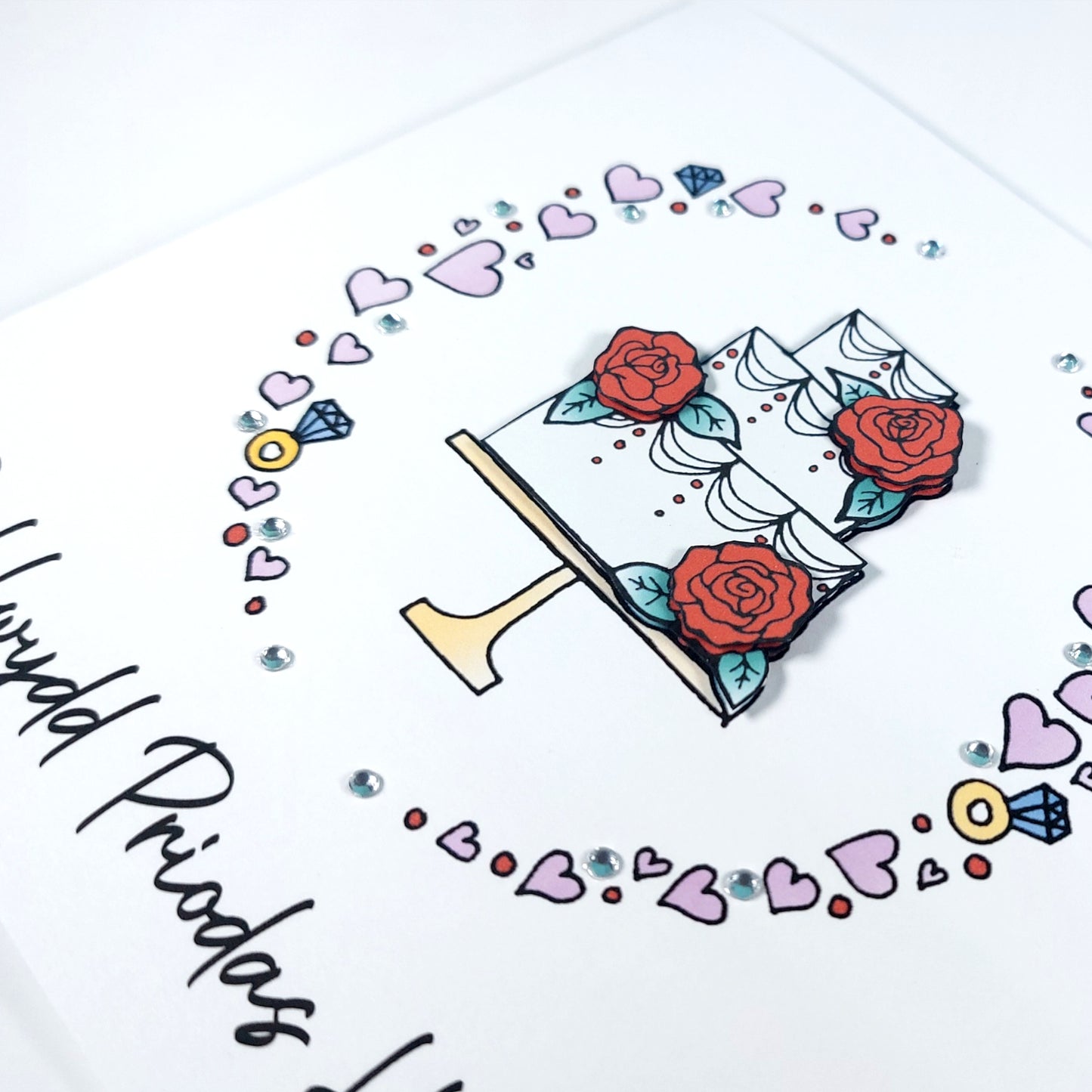 Penblwydd Priodas Hapus Card (Anniversary) Cake Red Roses - Welsh Card