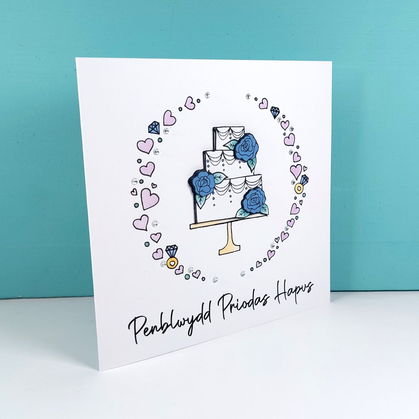 Penblwydd Priodas Hapus Card (Anniversary) Cake Blue Roses - Welsh Card