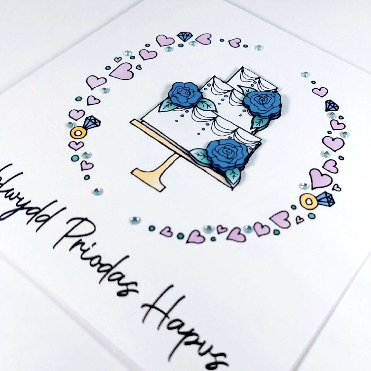 Penblwydd Priodas Hapus Card (Anniversary) Cake Blue Roses - Welsh Card