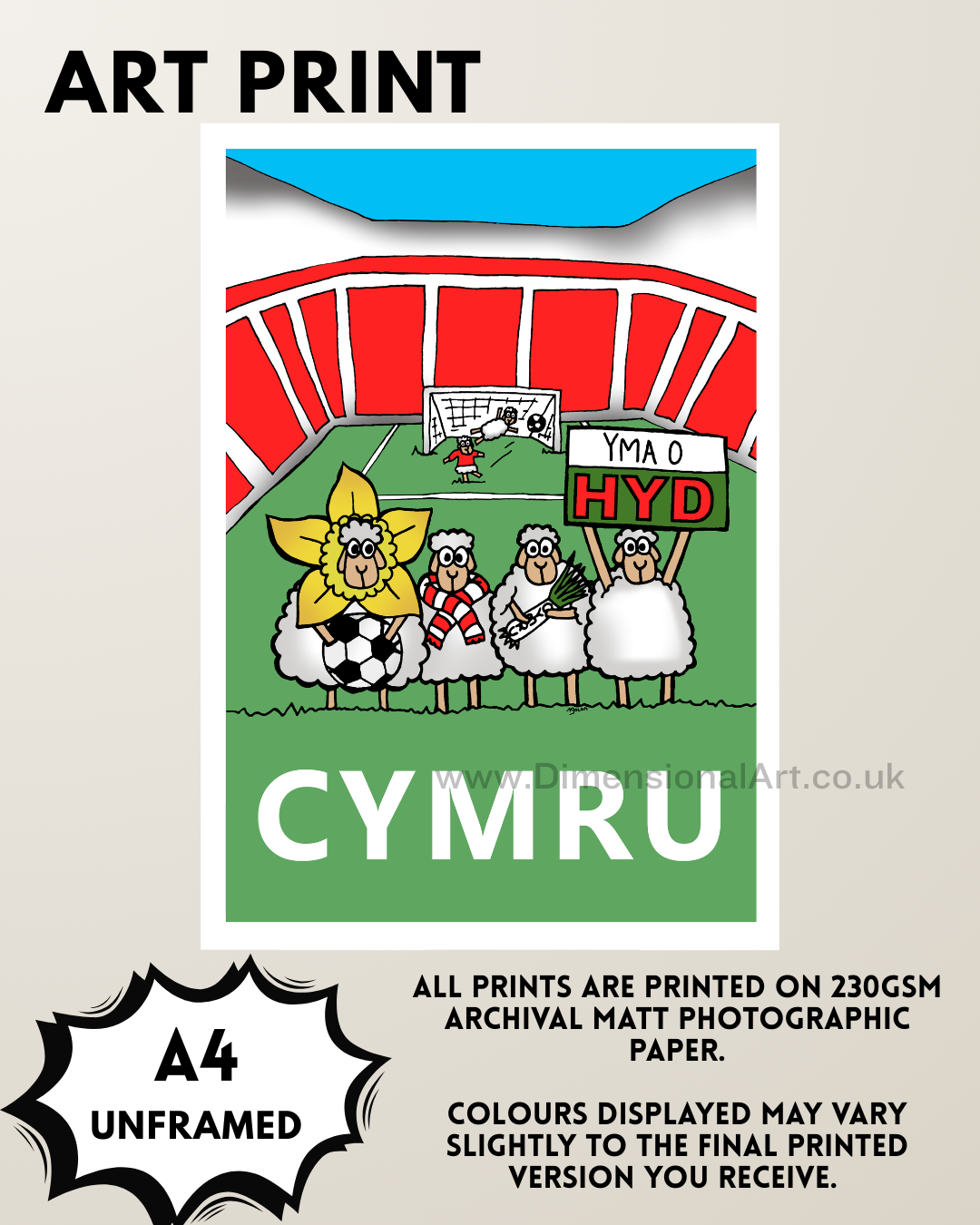 Cymru Football Sheep A4 Print - Wales