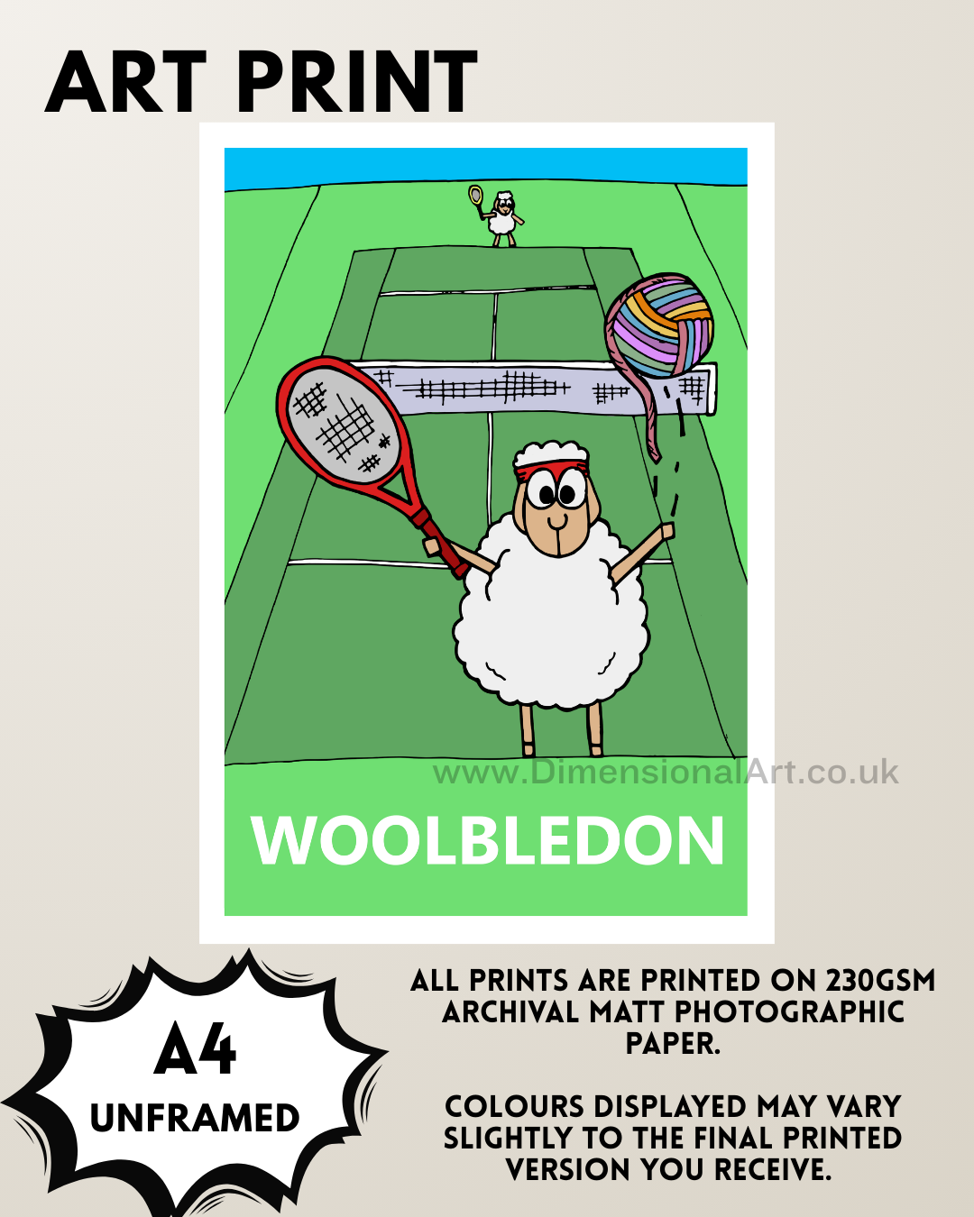 Woolbledon Tennis Sheep A4 Print