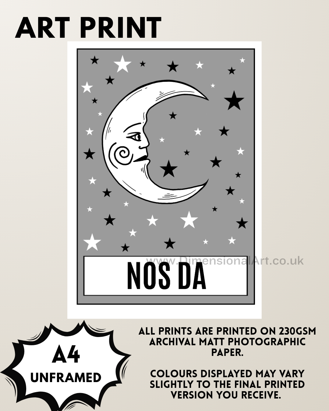 Nos da (Goodnight) A4 Print- grey - Welsh