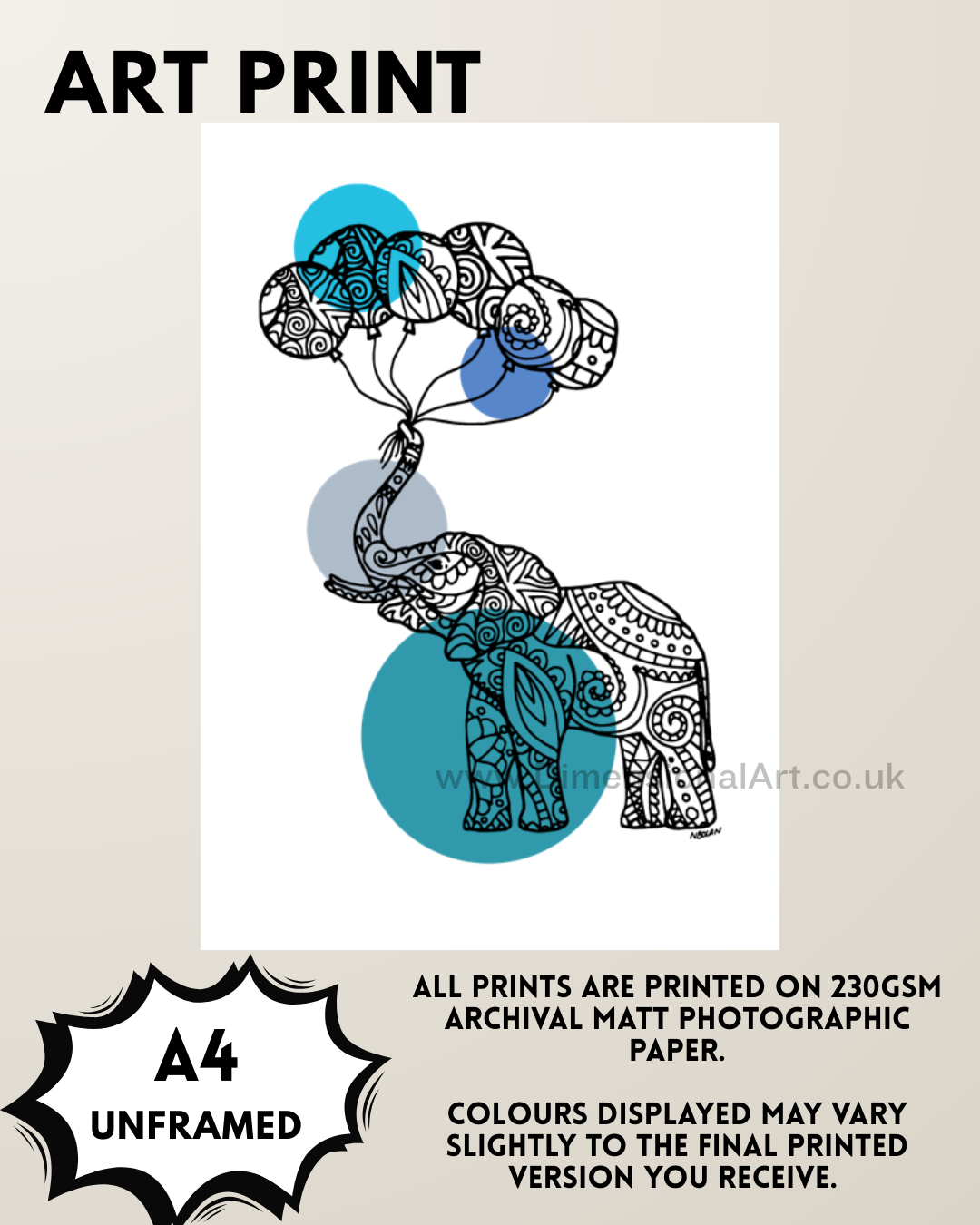 Elephant - blue A4 Print
