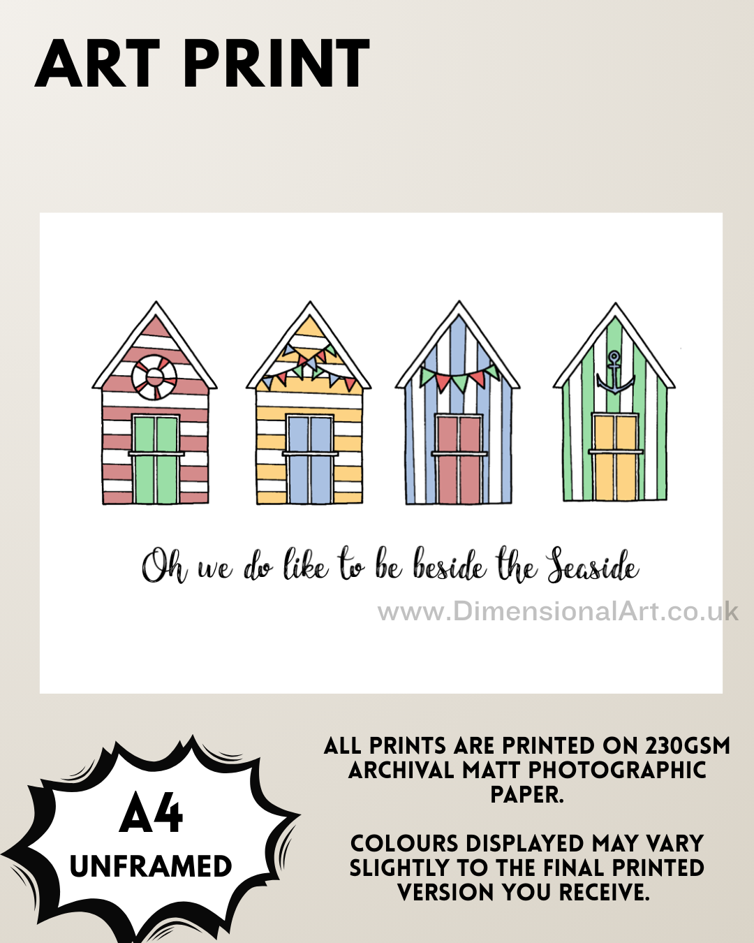 Beach huts oh we do like to be beside the seaside A4 Print