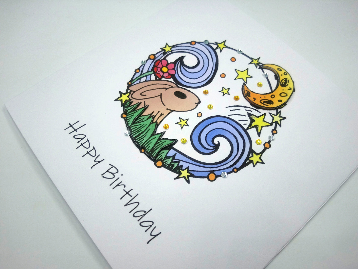 Circle Rabbit Moon Birthday Card