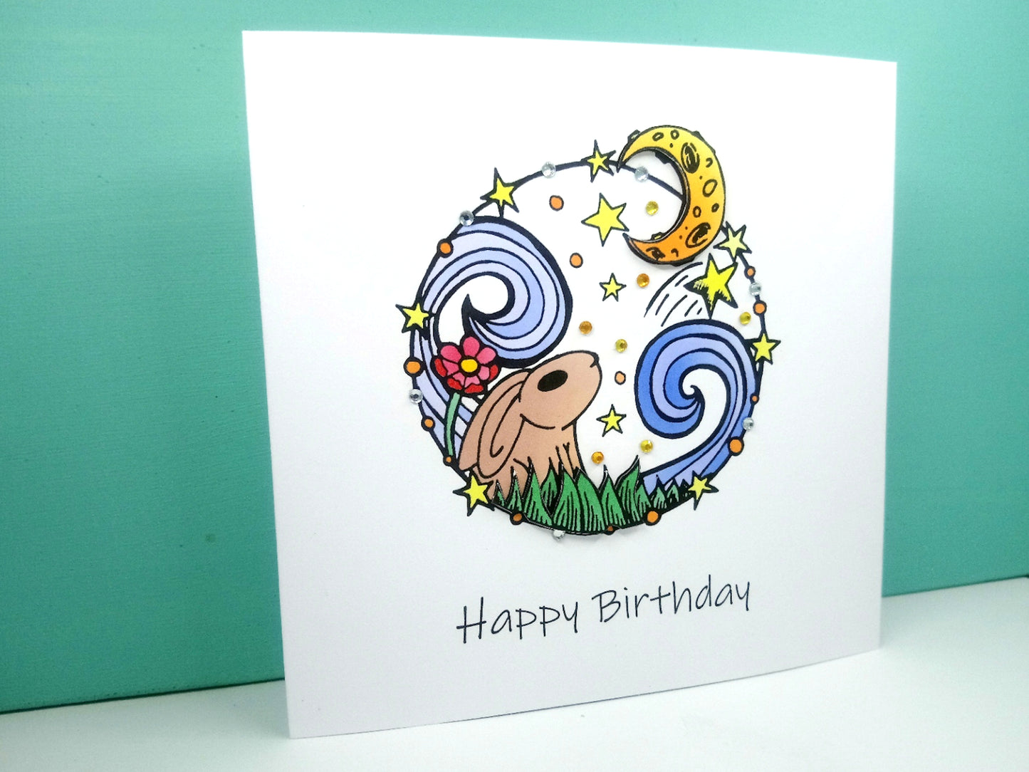 Circle Rabbit Moon Birthday Card