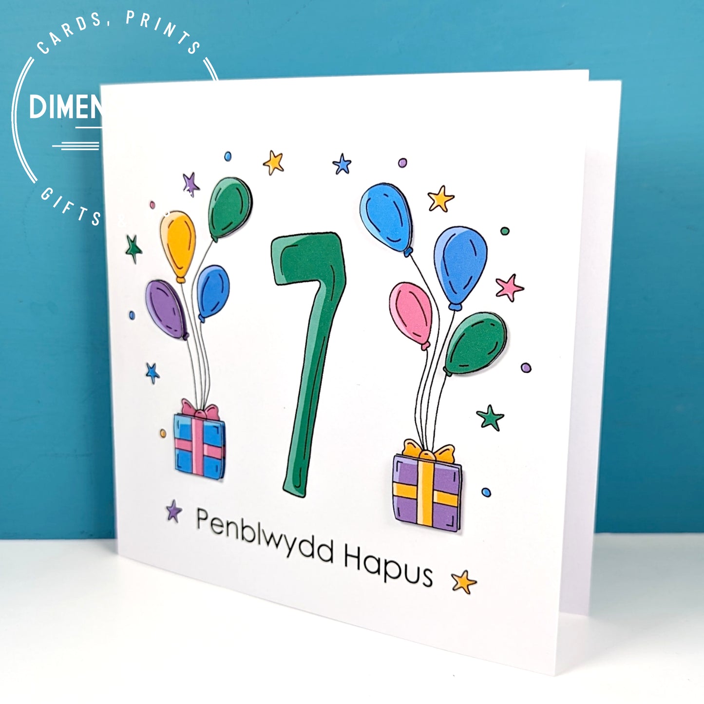 7th balloons and presents Penblwydd Hapus (Birthday) Card - Welsh