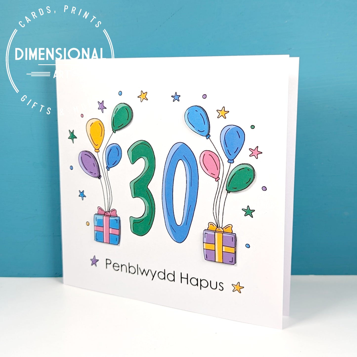 30th balloons and presents Penblwydd Hapus (Birthday) Card - Welsh