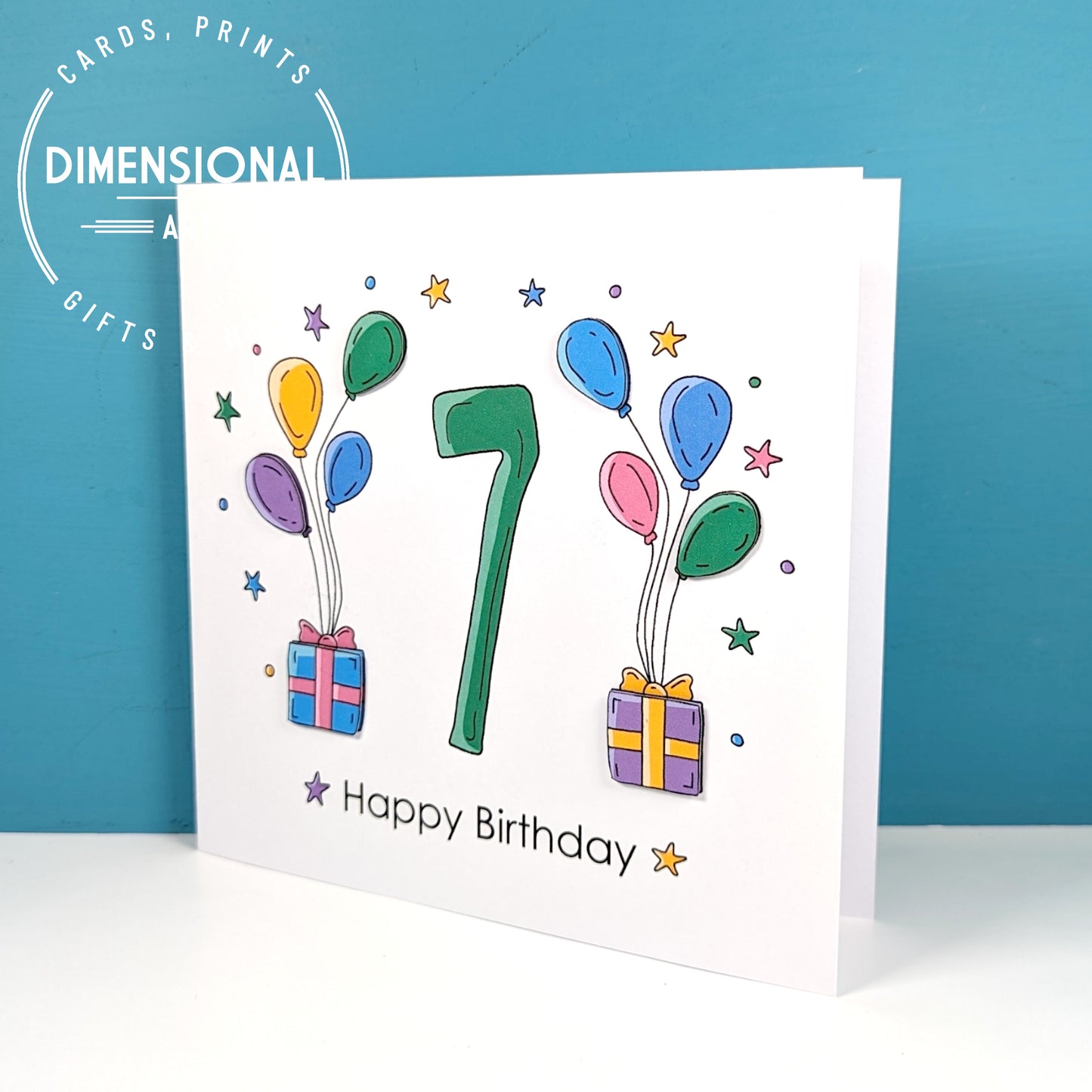 7th balloons and presents Birthday Card