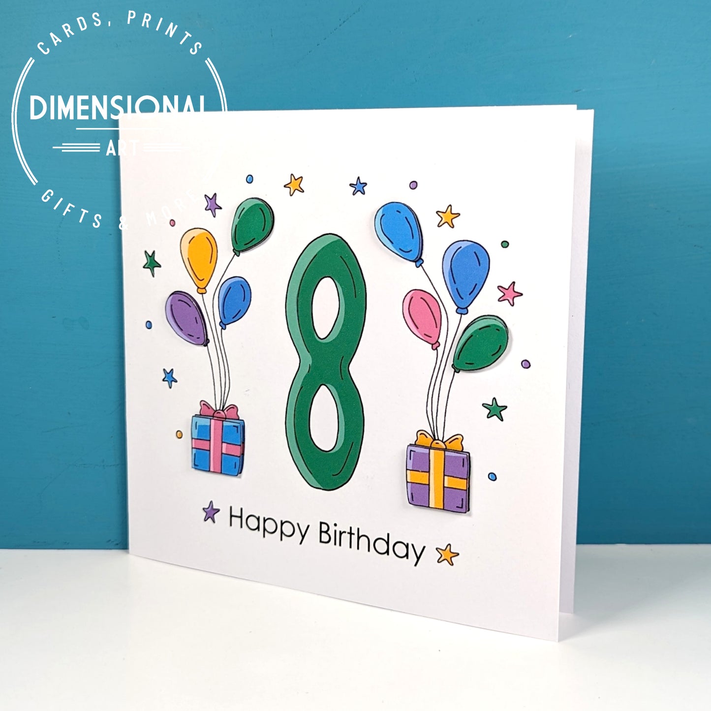8th balloons and presents Birthday Card