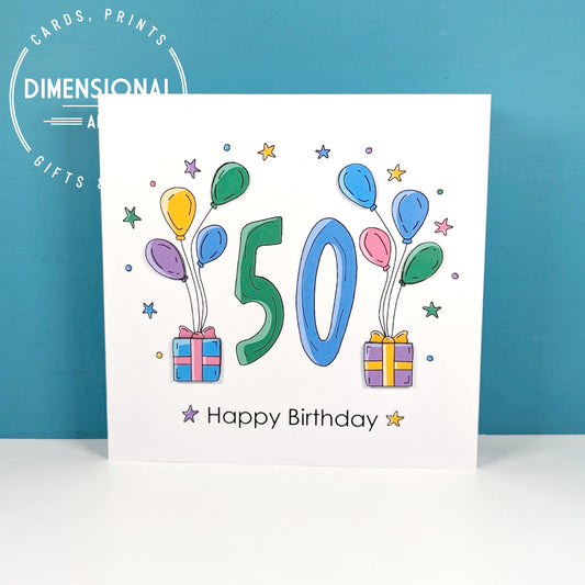 50th balloons and presents Birthday Card