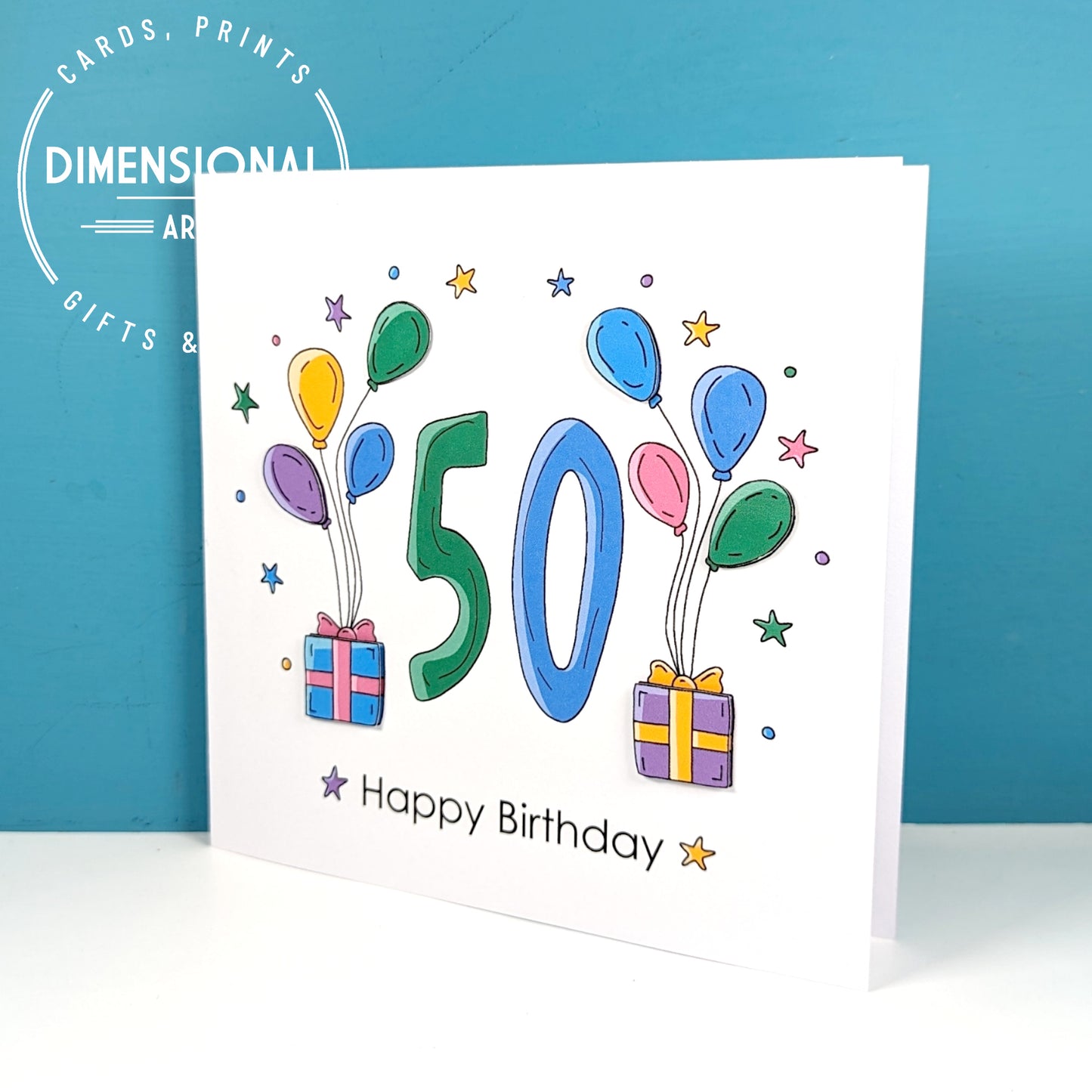 50th balloons and presents Birthday Card