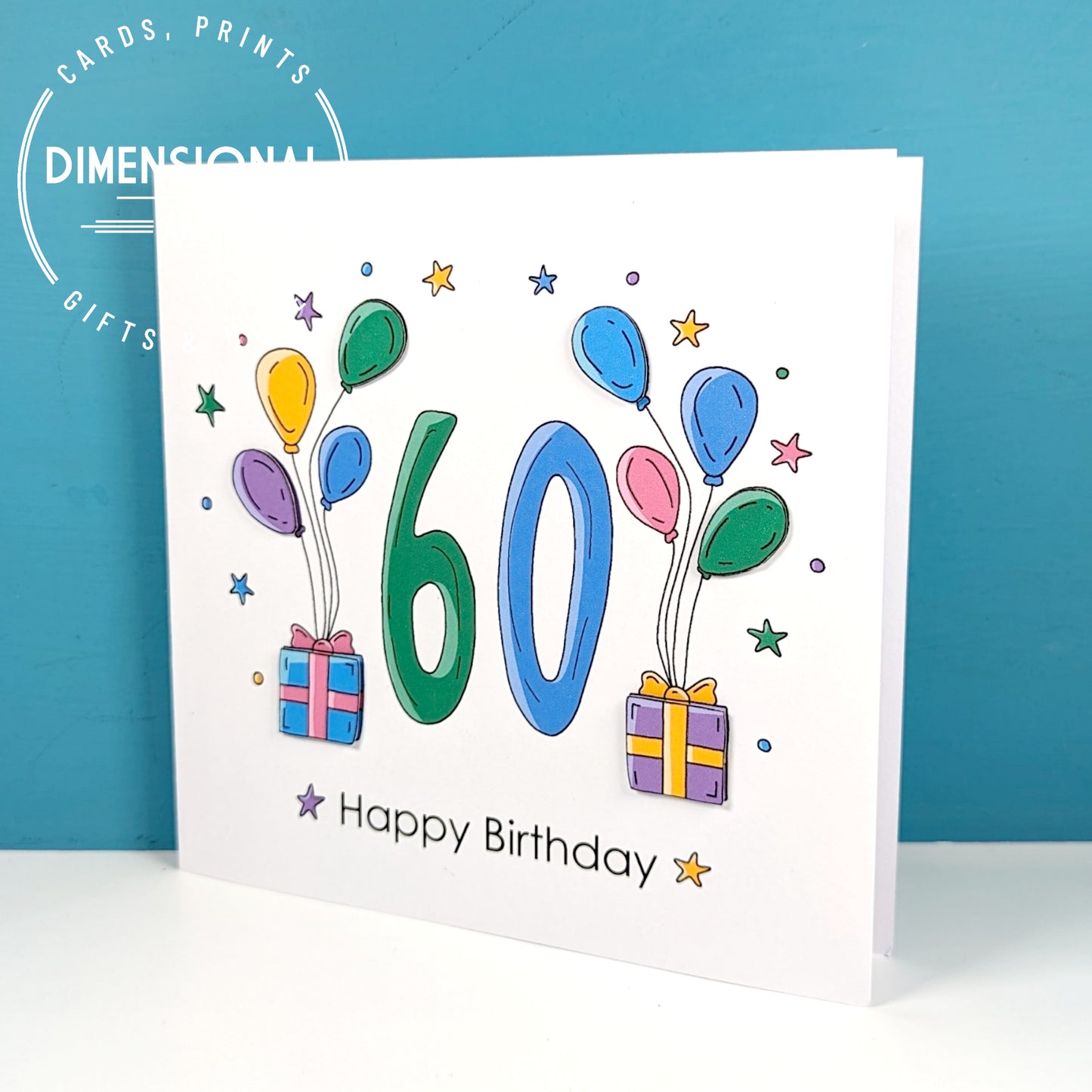 60th balloons and presents Birthday Card