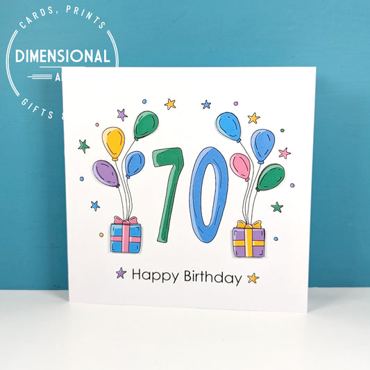 70th balloons and presents Birthday Card