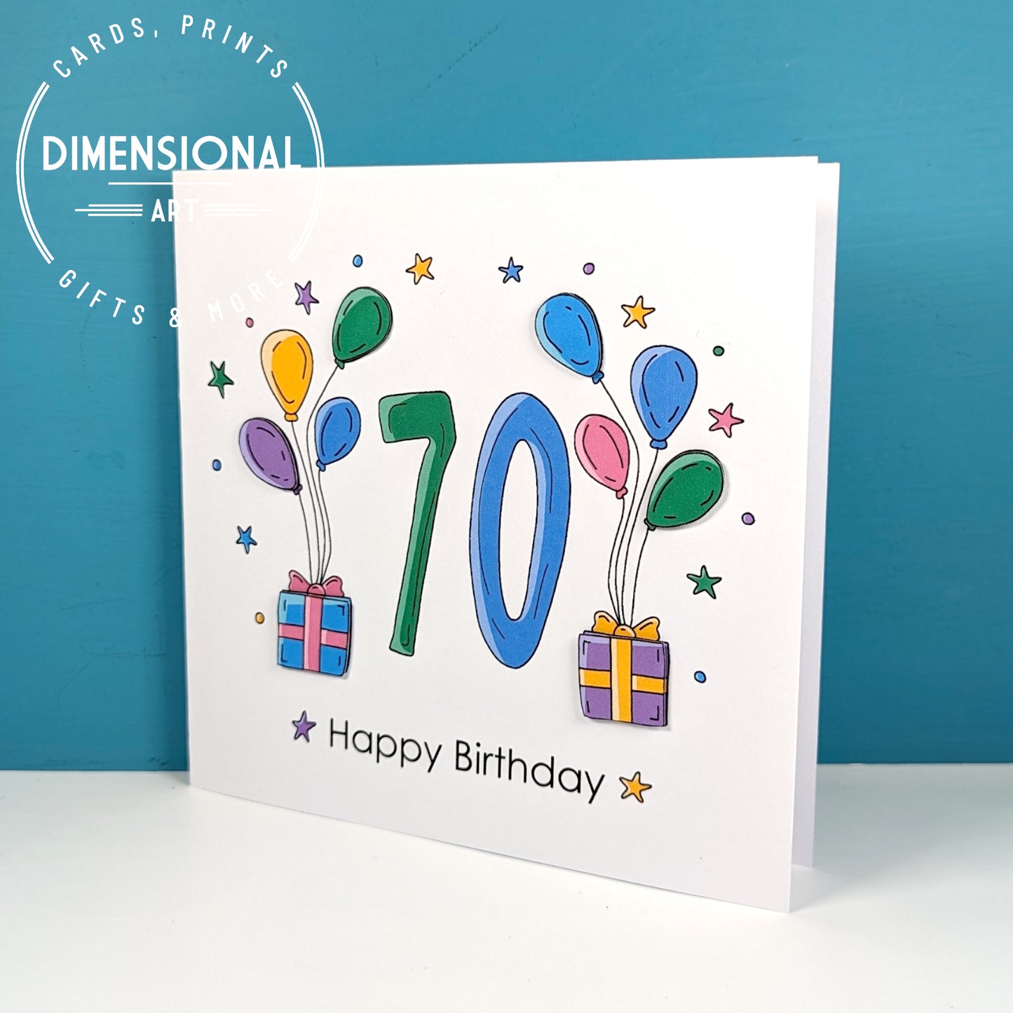 70th balloons and presents Birthday Card
