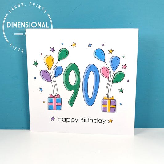 90th balloons and presents Birthday Card