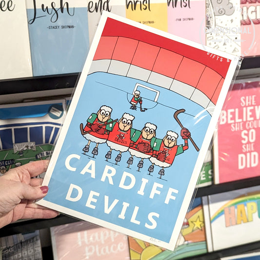 Cardiff Devils Ice hockey Sheep A4 Print