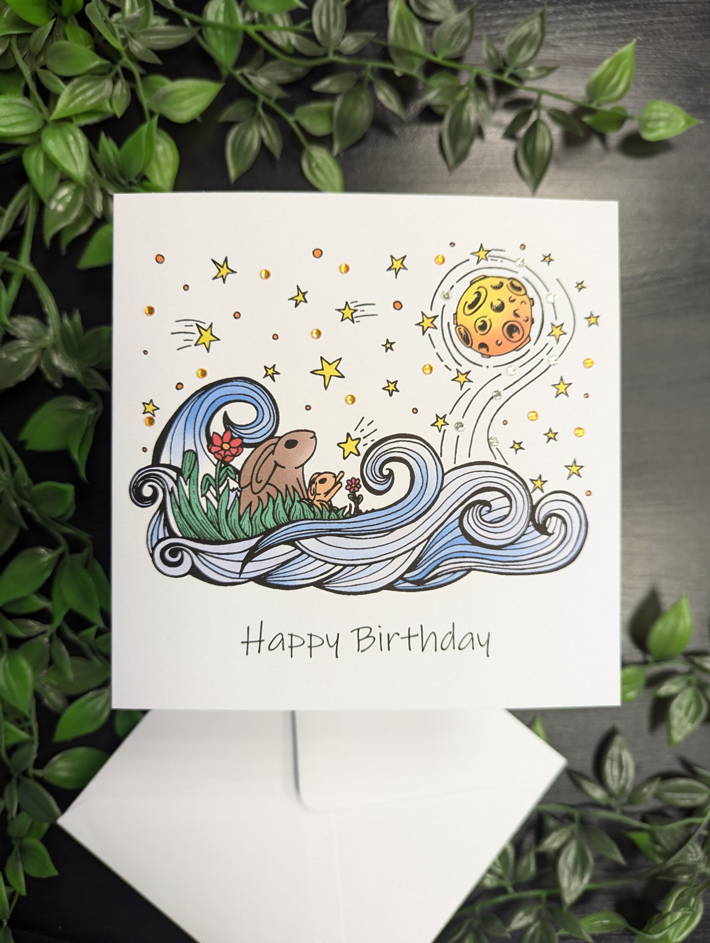 Rabbits and moon Birthday Card