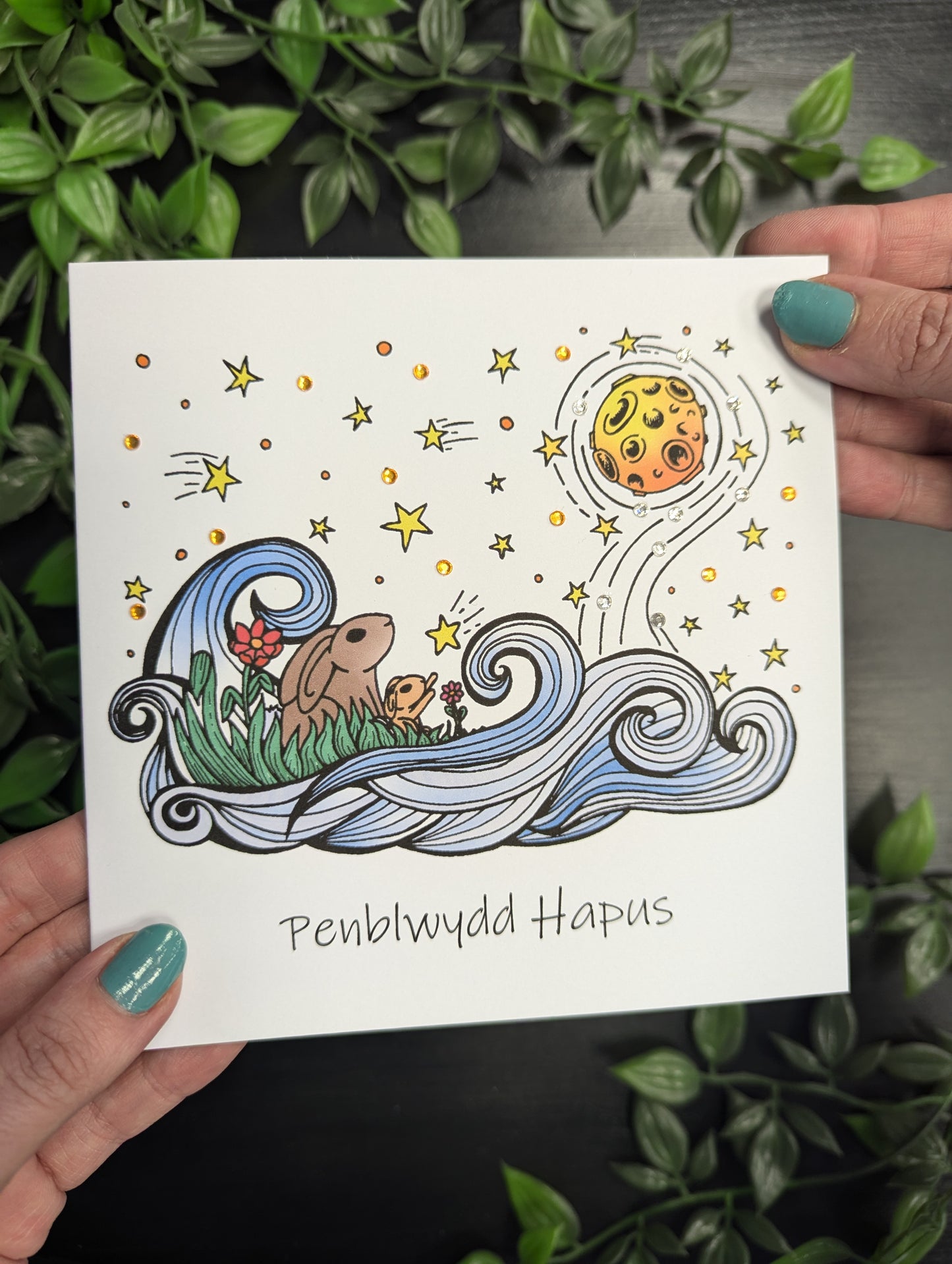 Rabbits and moon Penblwydd Hapus (Birthday Card) - Welsh Card