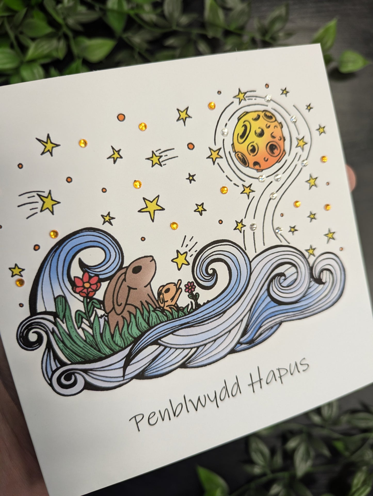 Rabbits and moon Penblwydd Hapus (Birthday Card) - Welsh Card