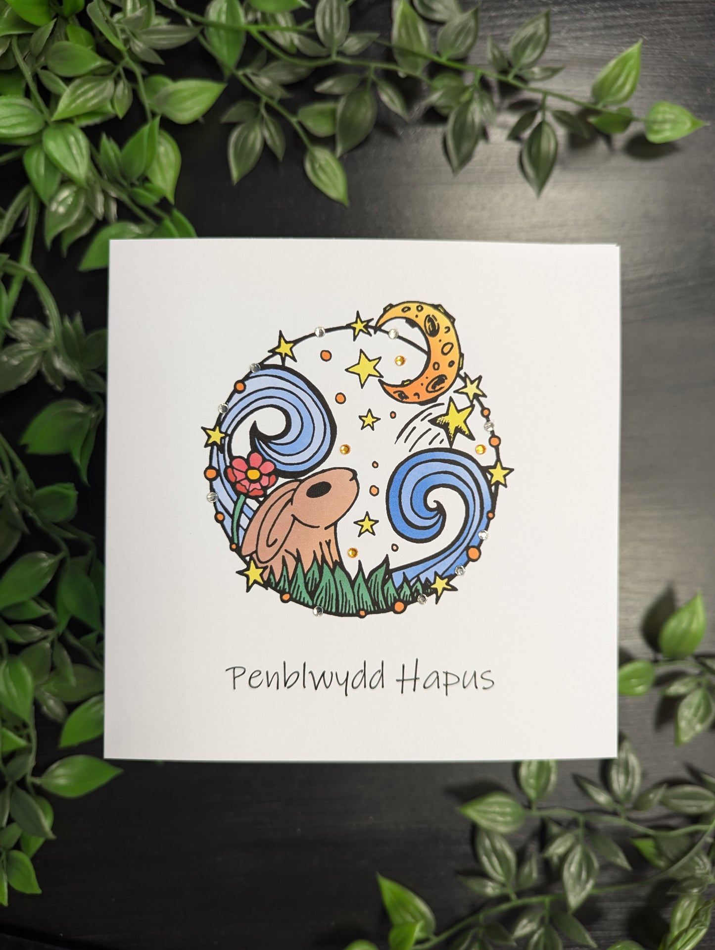 Circle Rabbit Moon Penblwydd Hapus Card - Welsh