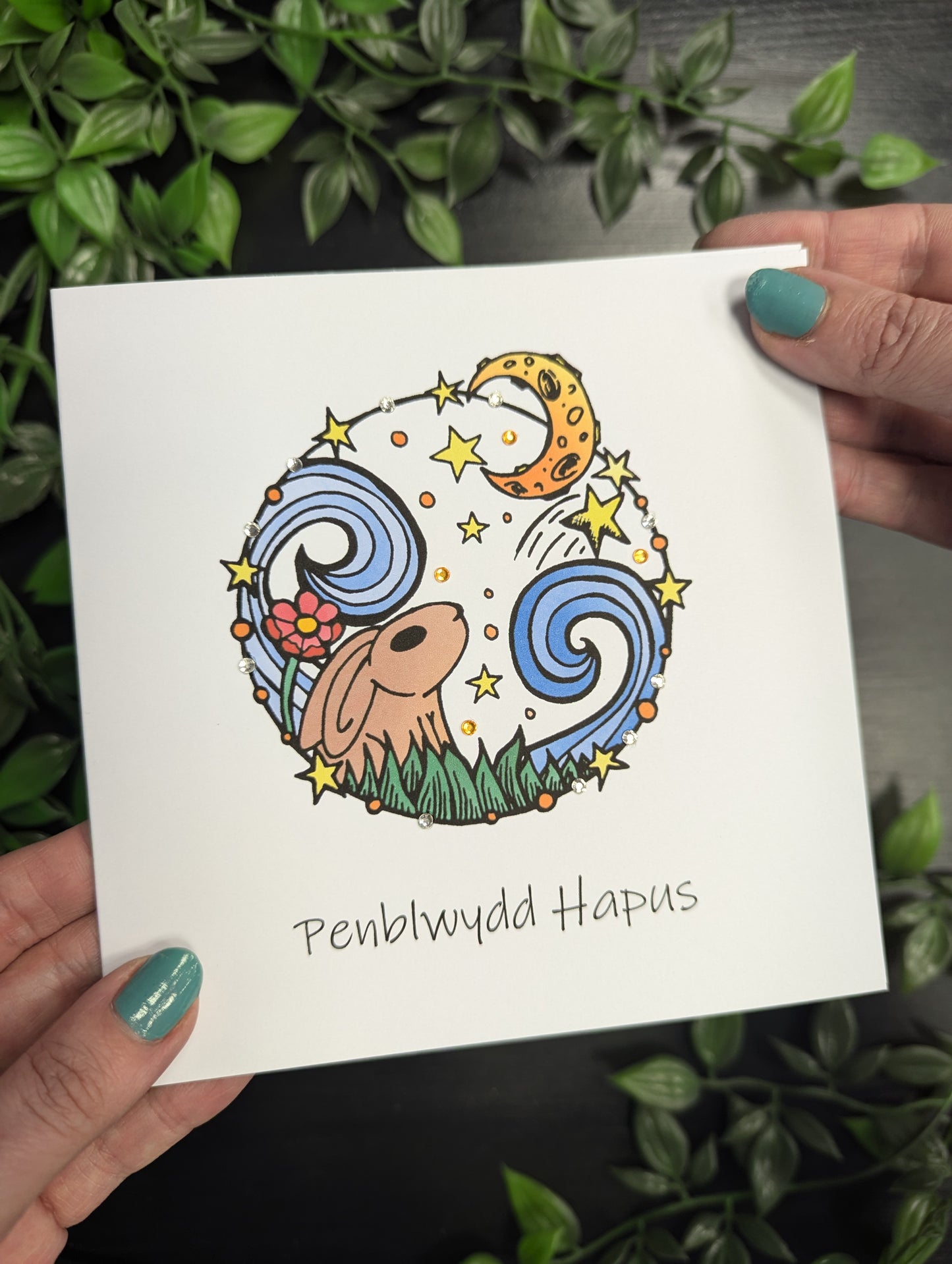 Circle Rabbit Moon Penblwydd Hapus Card - Welsh