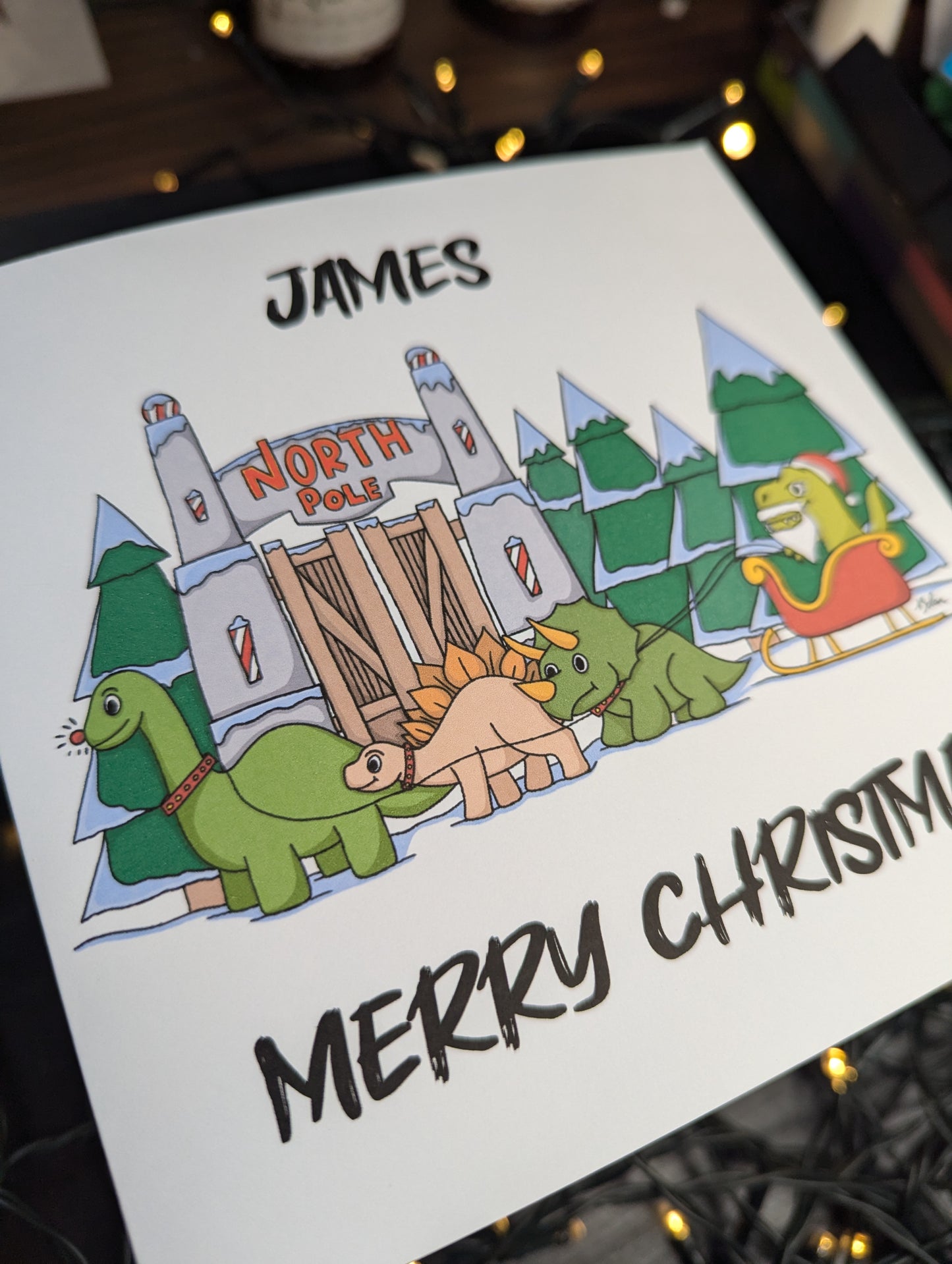 Personalised - Dinosaur Christmas - Nadolig Llawen - Merry Christmas Card (Welsh or English)