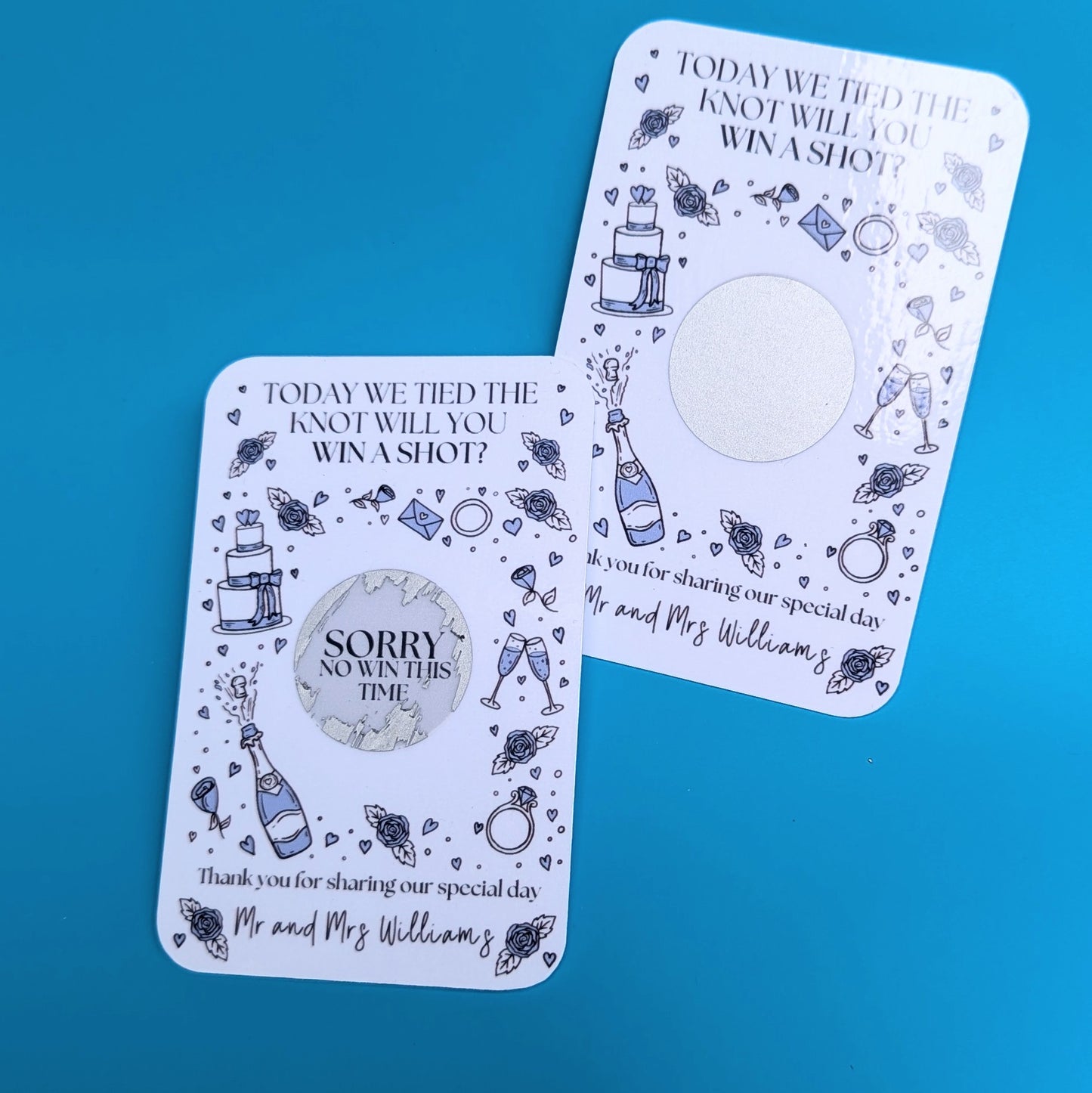 Wedding Day Table Scratch Cards - Drink Game - Personalised - Blue