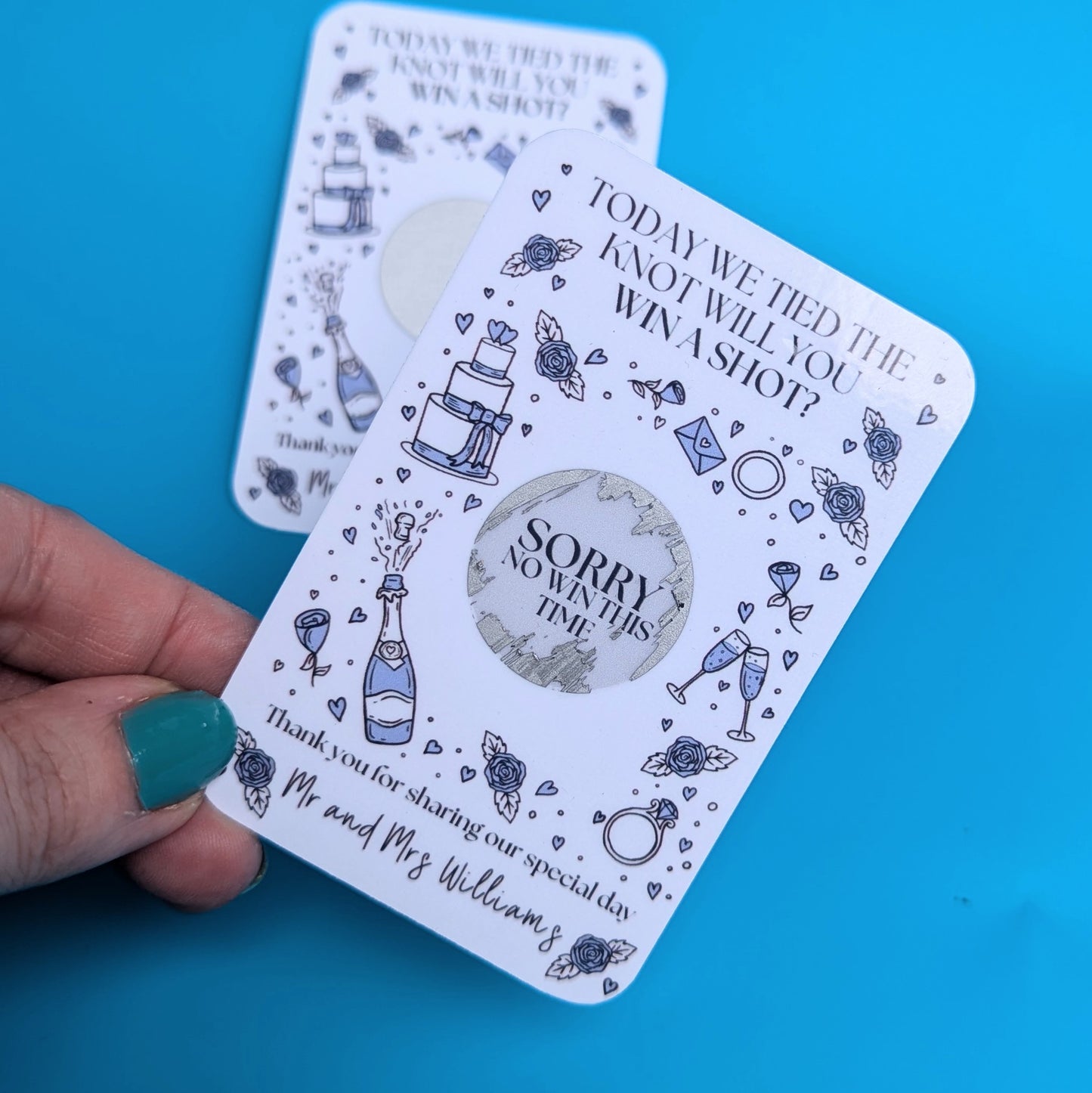 Wedding Day Table Scratch Cards - Drink Game - Personalised - Blue