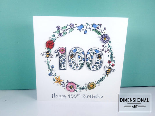 100th Flowers and Bees Birthday Card