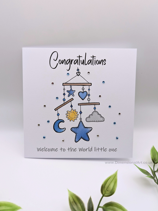 Mobile - BLUE - Congratulate welcome to the world little one - New Baby Card