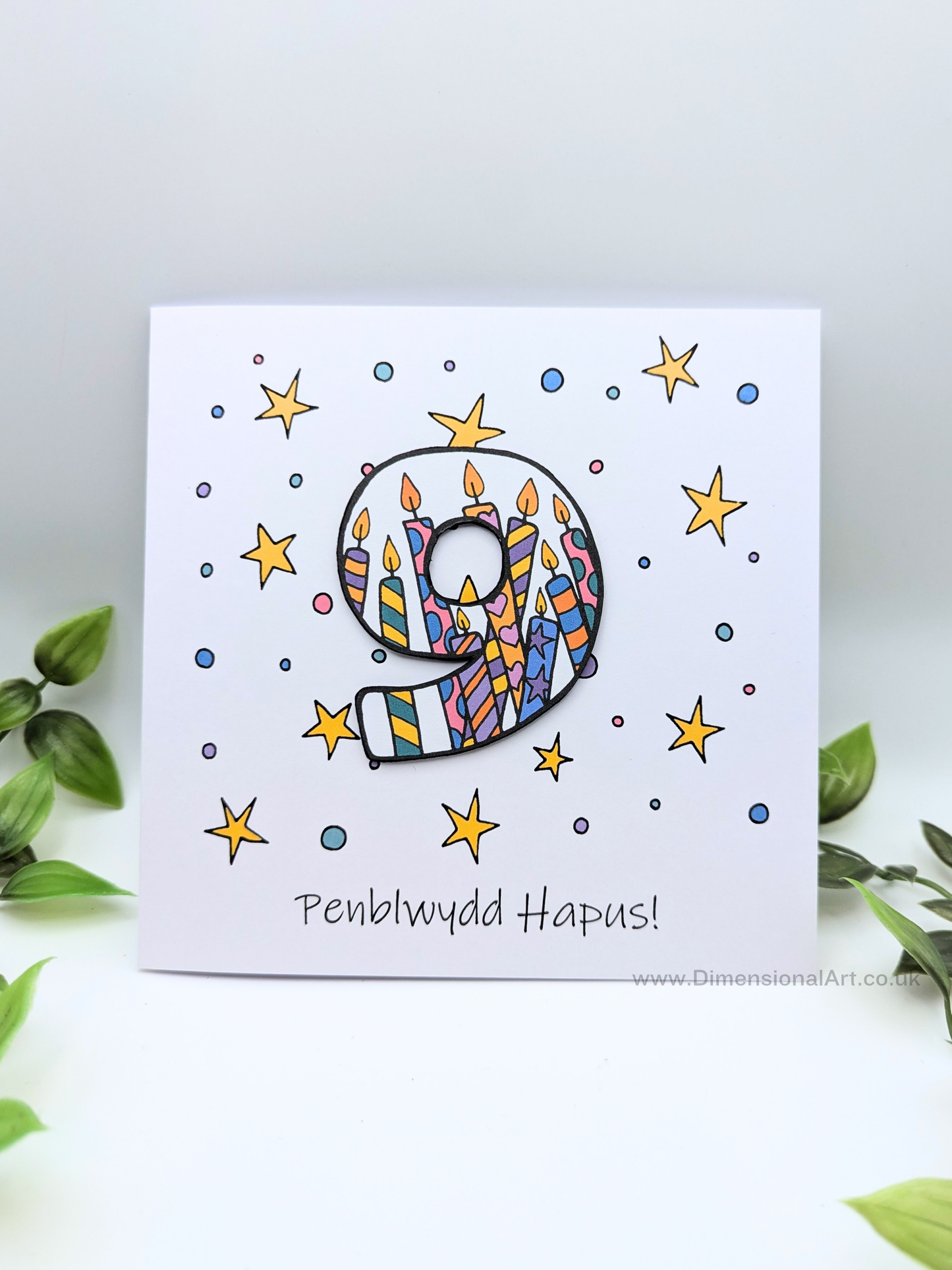 9th Number Candles  Penblwydd Hapus (Birthday) Card - Welsh