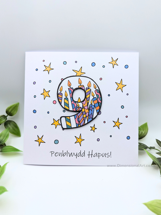 9th Number Candles  Penblwydd Hapus (Birthday) Card - Welsh