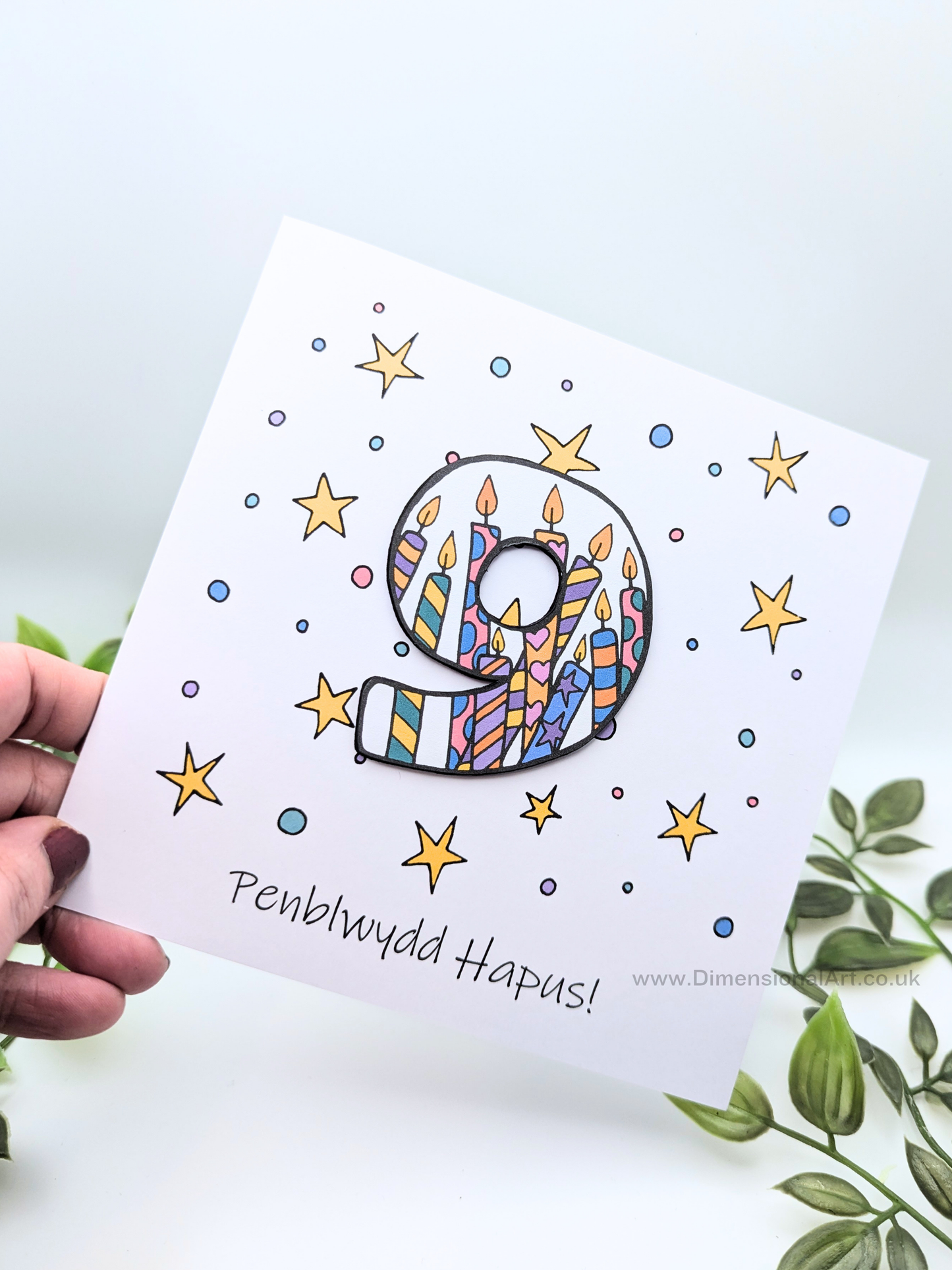 9th Number Candles  Penblwydd Hapus (Birthday) Card - Welsh