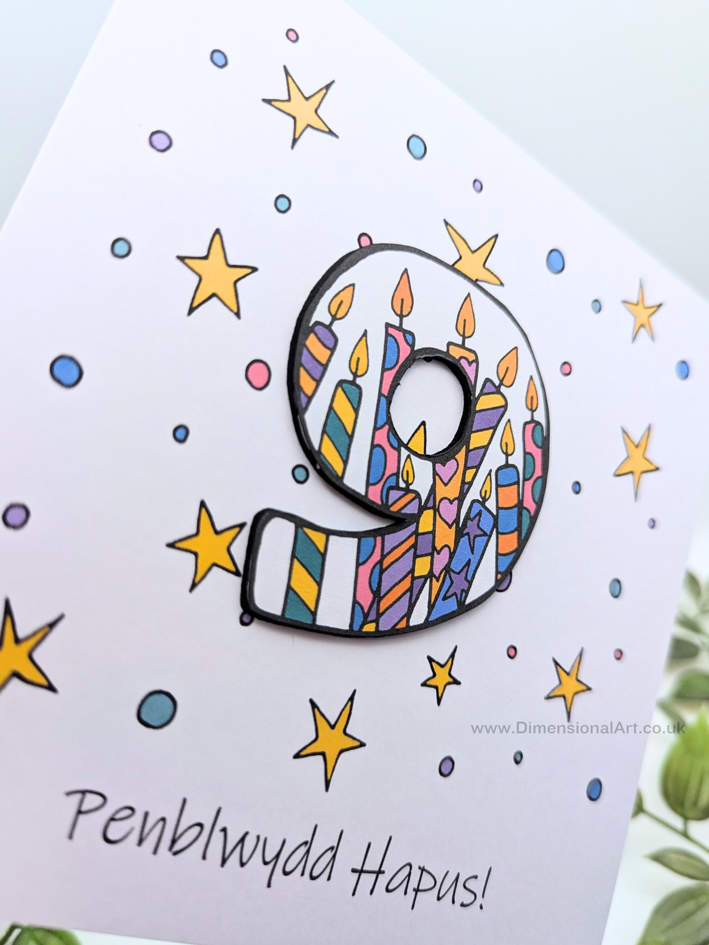 9th Number Candles  Penblwydd Hapus (Birthday) Card - Welsh