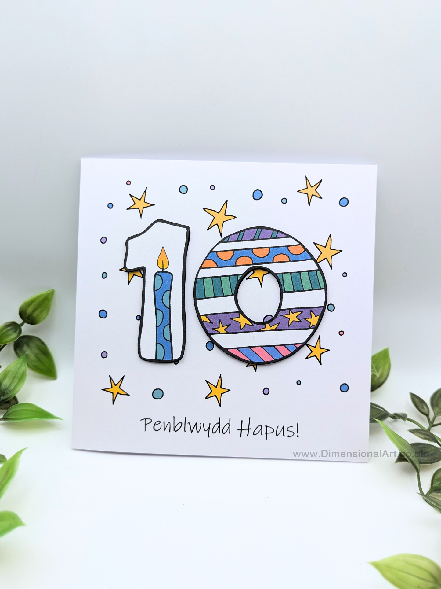 10th Number Candles  Penblwydd Hapus (Birthday) Card - Welsh