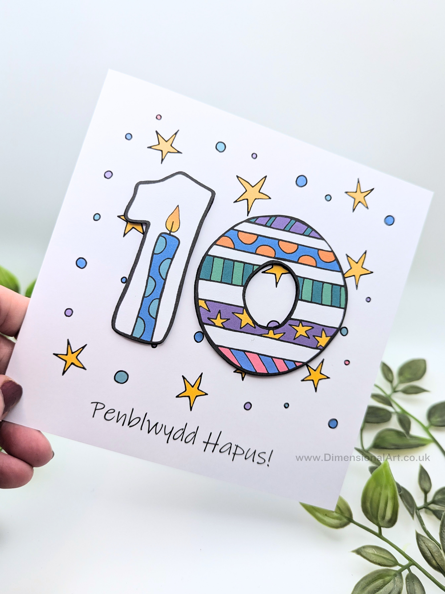 10th Number Candles  Penblwydd Hapus (Birthday) Card - Welsh