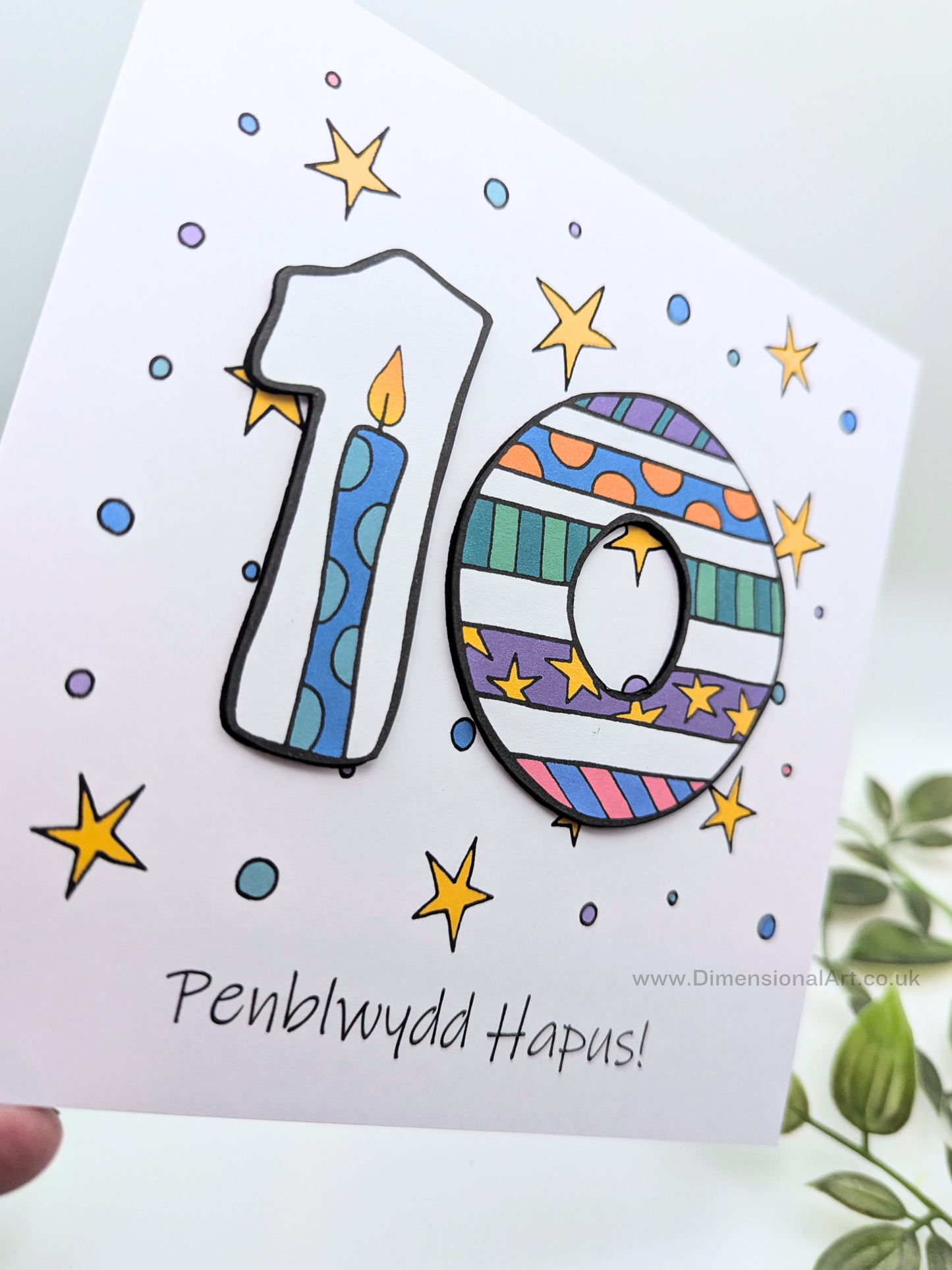10th Number Candles  Penblwydd Hapus (Birthday) Card - Welsh