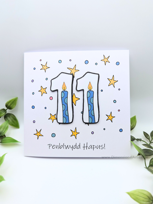 11th Number Candles Penblwydd Hapus (Birthday) Card - Welsh