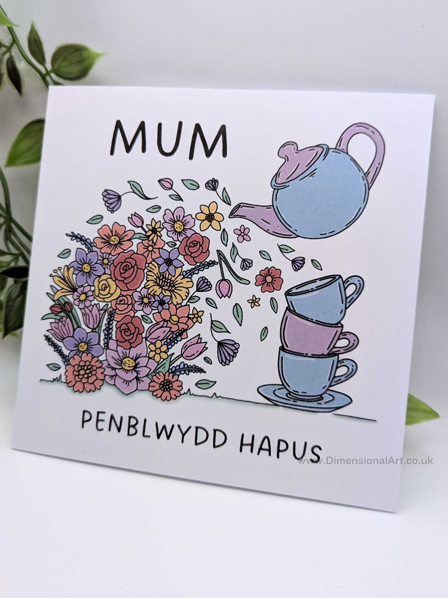 MUM Teapot Flowers Penblwydd Hapus (Birthday Card)