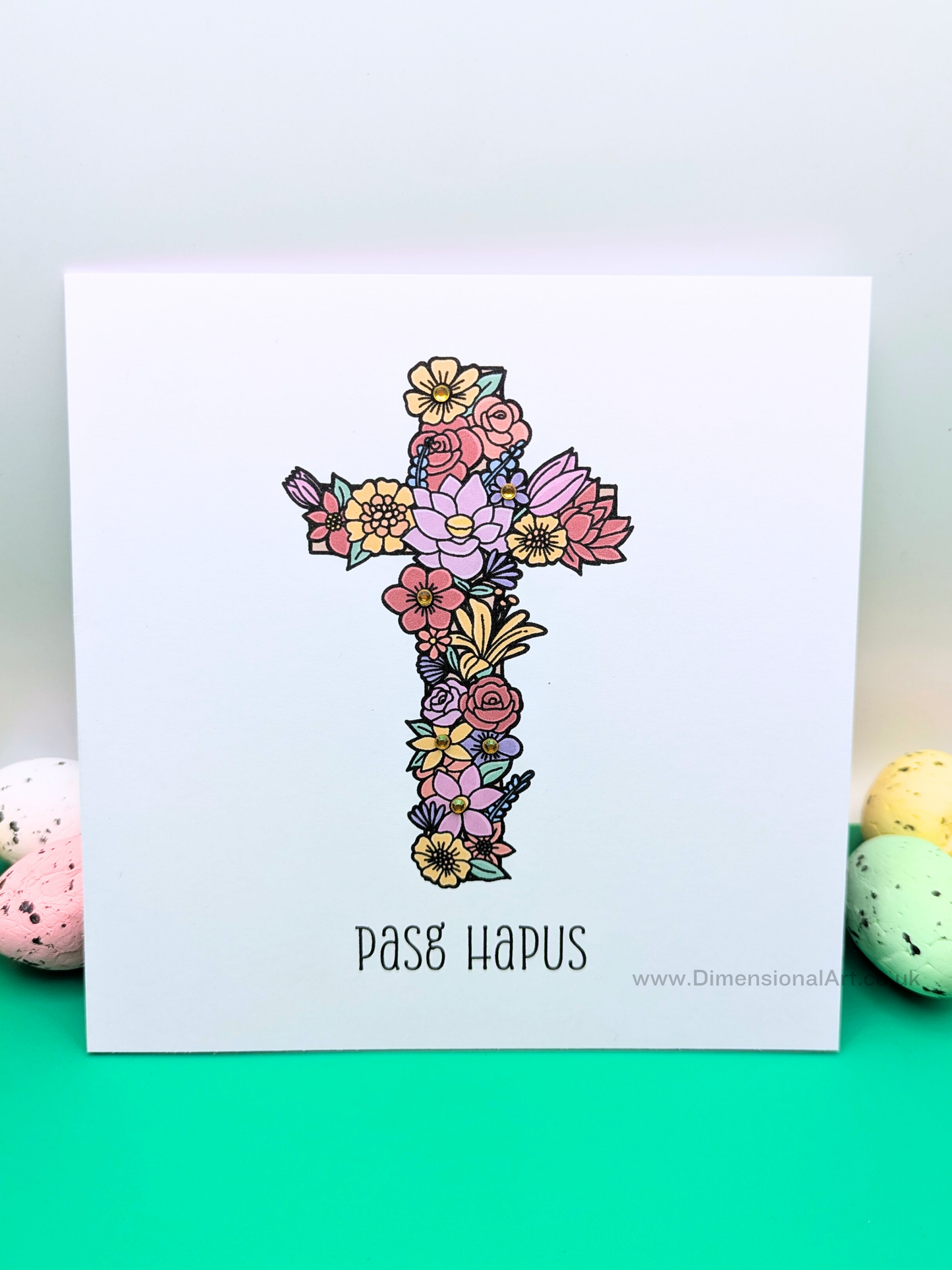 Flower Cross - Pasg Hapus - Happy Easter Card - Welsh