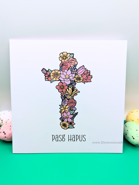 Flower Cross - Pasg Hapus - Happy Easter Card - Welsh