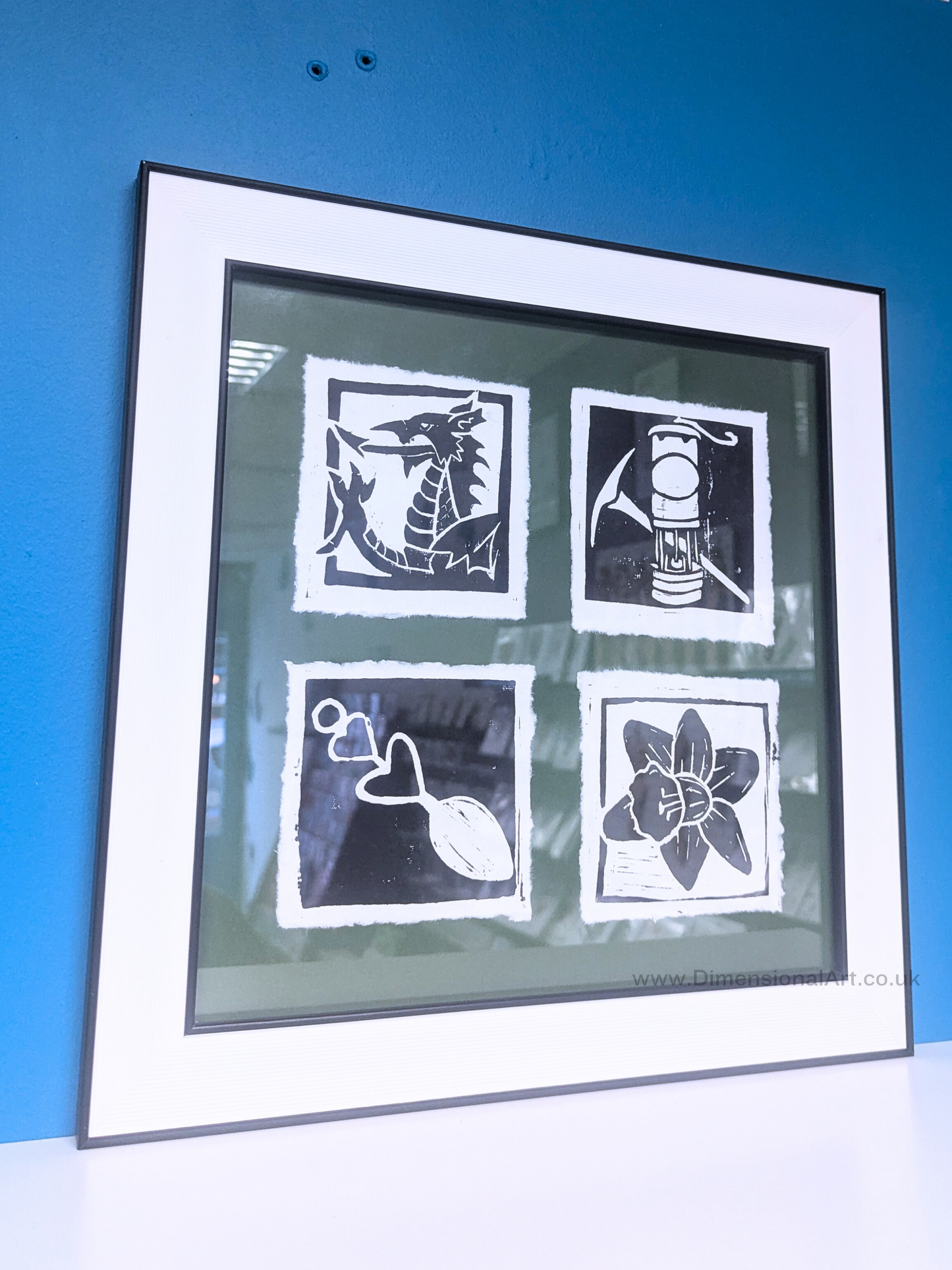 "Cymru" Linocut Print on Handmade Paper - FRAMED - Wales