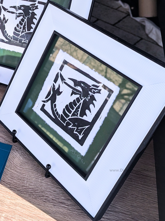 "Dragon" Linocut Print on Handmade Paper - FRAMED - Wales
