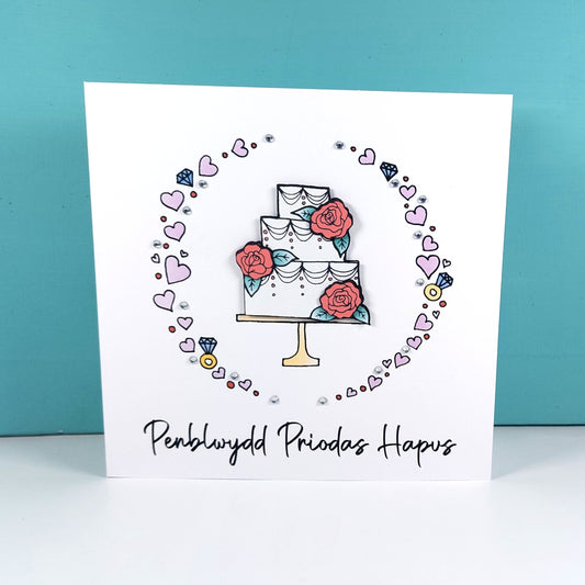 Penblwydd Priodas Hapus Card (Anniversary) Cake Pink Roses - Welsh Card